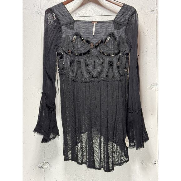 Free People Black Lace/Mesh/Beaded Long Sleeve Tunic/Mini Dress Size XS NWOT - Picture 1 of 5